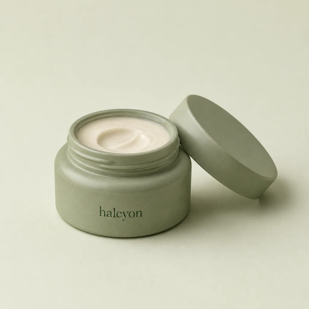 Sage ceramic balm pot, open beside its lid