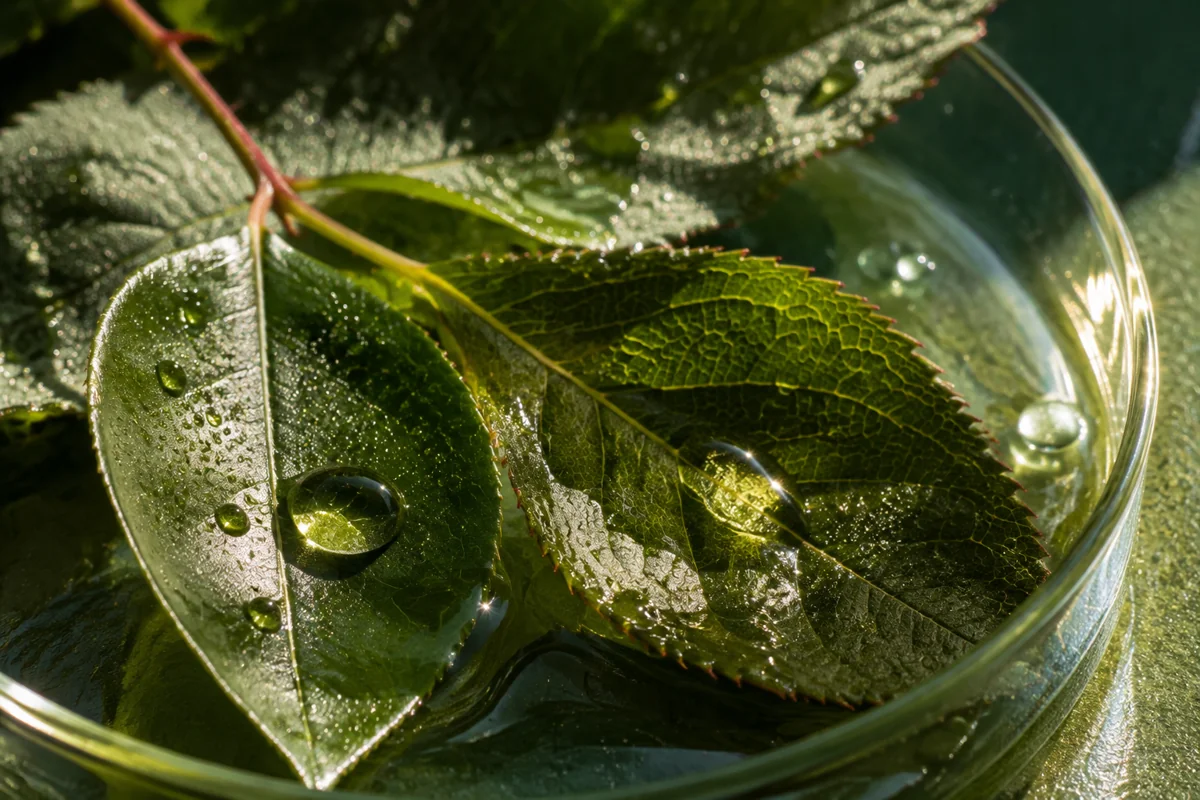 Close-up of glossy botanical leaves, dew and golden oil in a glass dish