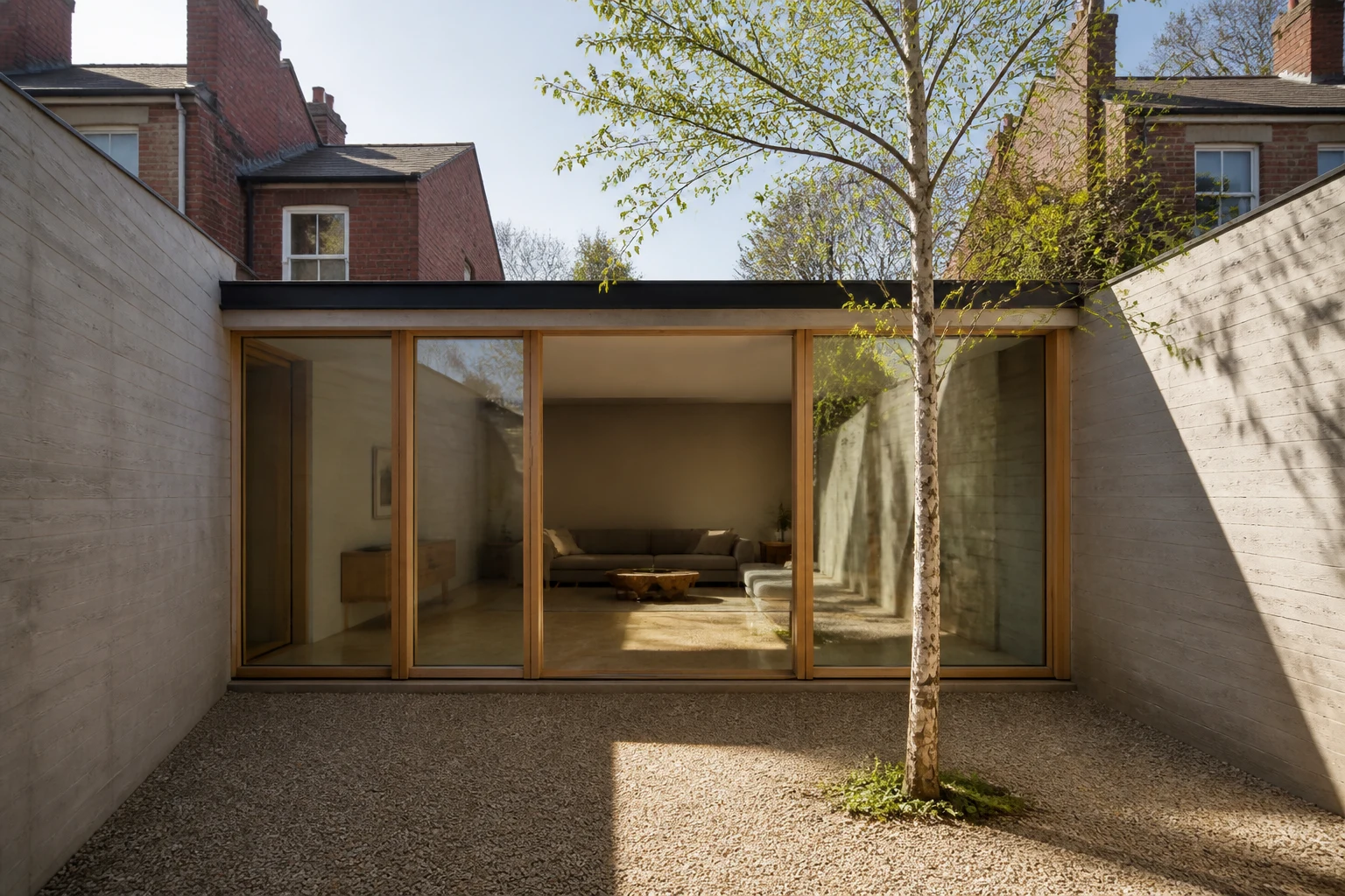 A birch tree in a small gravel courtyard facing oak-framed glass doors.