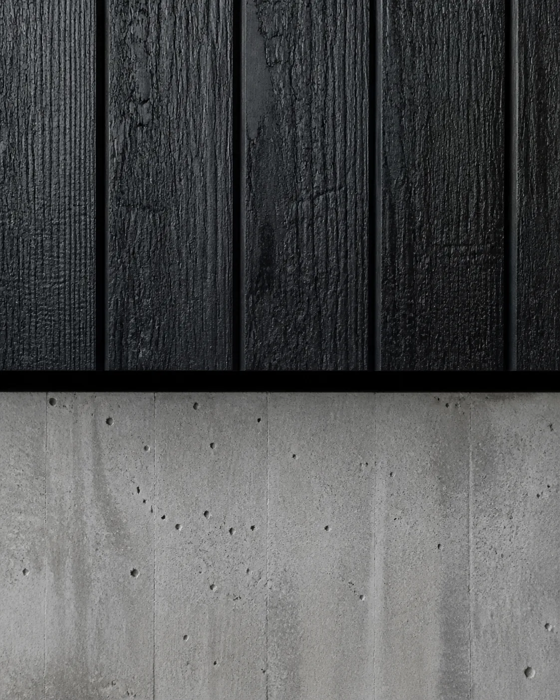 Blackened timber cladding over a concrete plinth.