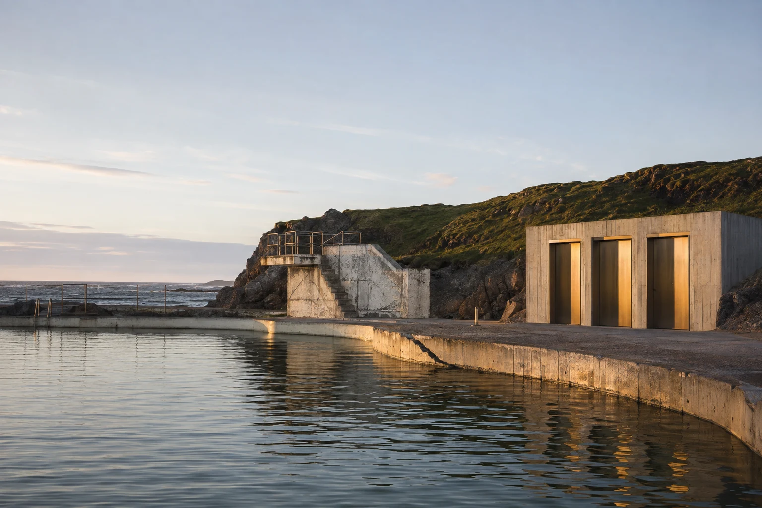 Tidal pool with weathered concrete walls and a new bronze-doored pavilion beside the sea.