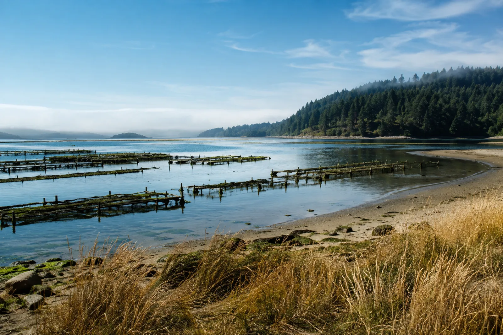 Illustrative Oregon tidal bay with oyster racks and wooded headland.