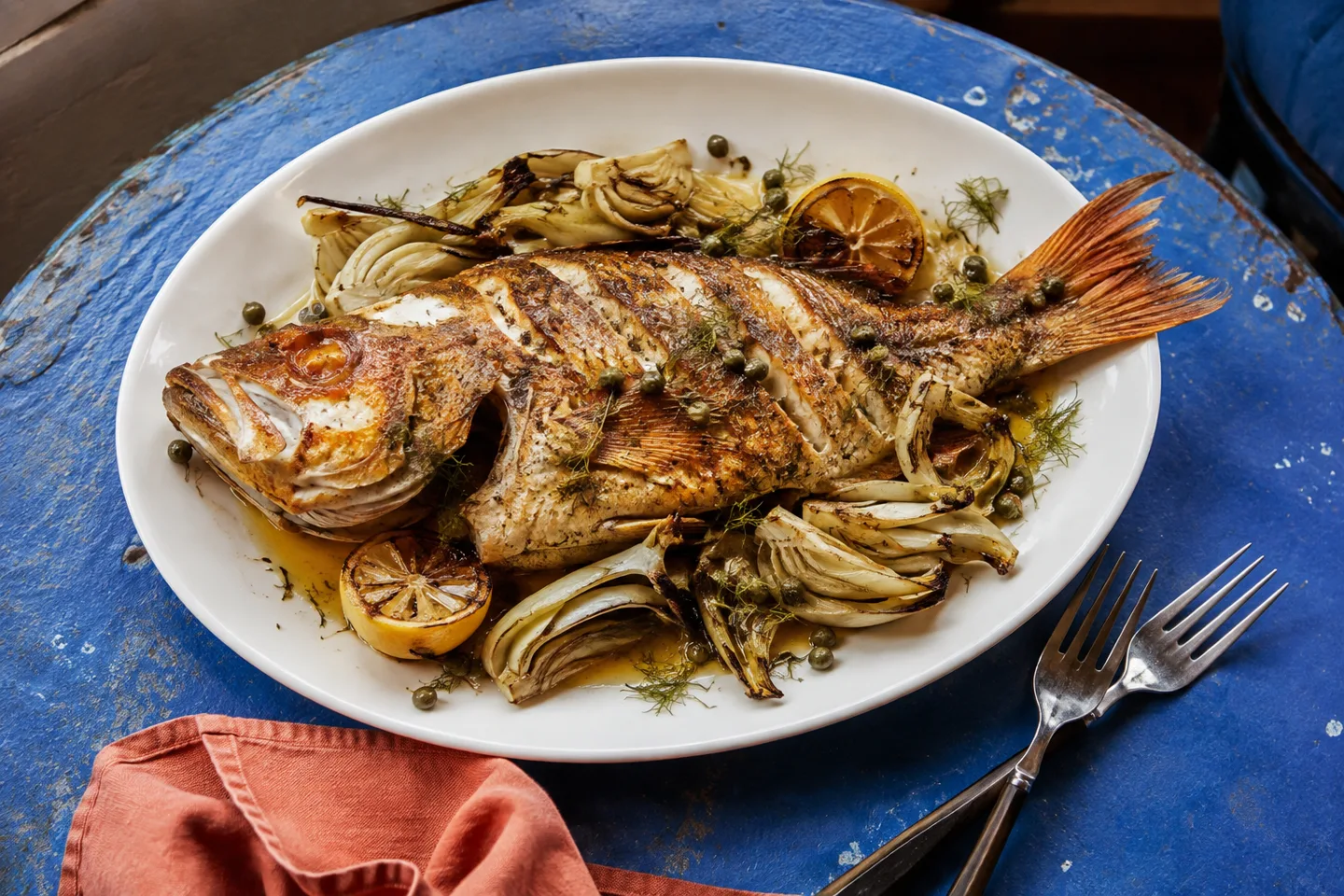 Whole grilled rockfish with fennel, lemon and capers on a blue table.