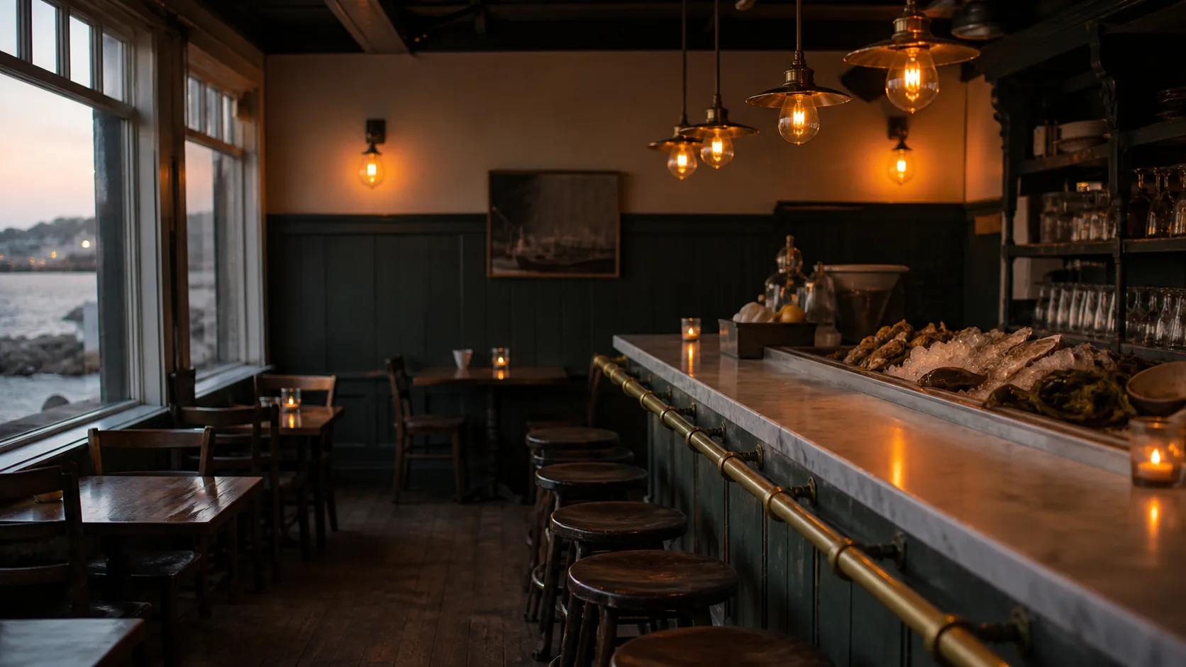 Saltmarsh oyster room at dusk, with a marble raw bar, pendant lights and the bay outside.